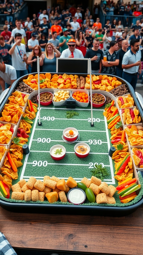 A colorful Snack Stadium filled with chips, dips, veggies, and mini sandwiches arranged like a football field.